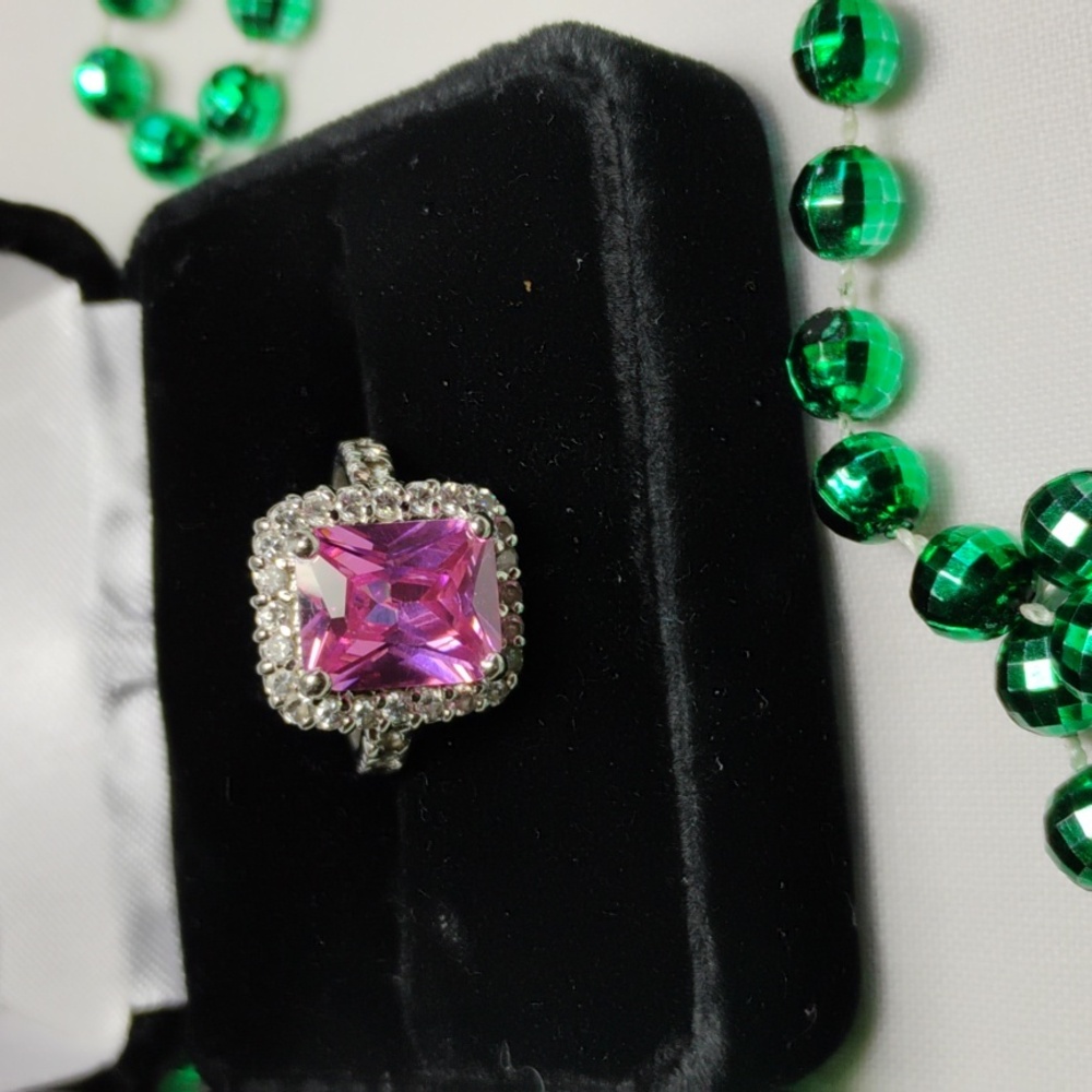 Vibrant Pink Gemstone Silver Ring CZ Stones With Sparkle!
